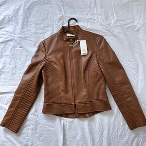 Tory Burch Calista Riding Saddle Brown Caramel Leather Moto Quilted Jacket